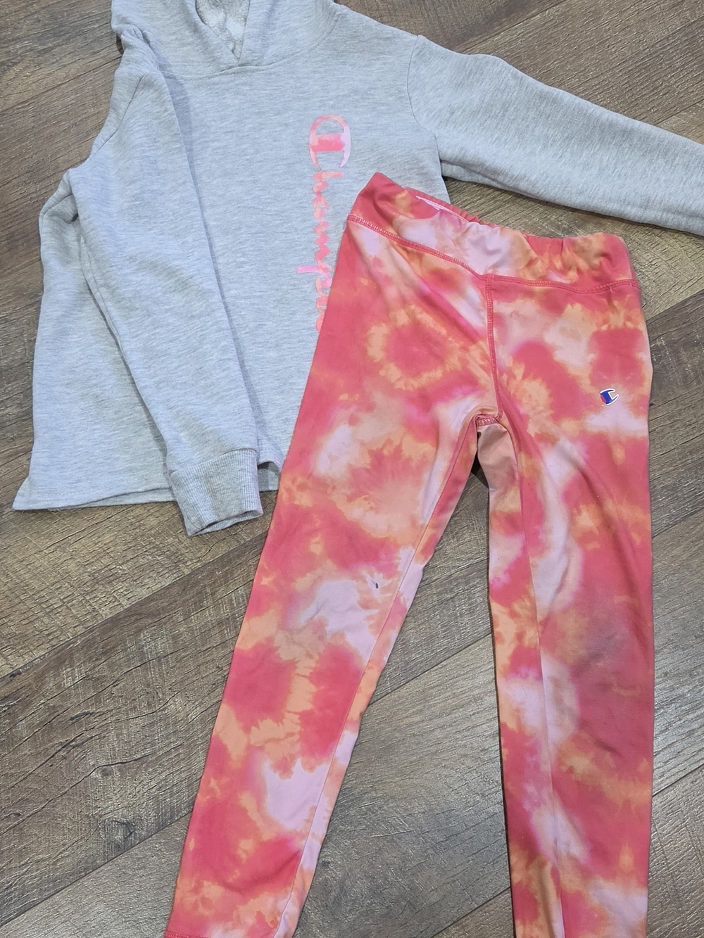 Champion Girls' Tie-Dye Pink & Orange Legging Set with Heather Gray Hoodie